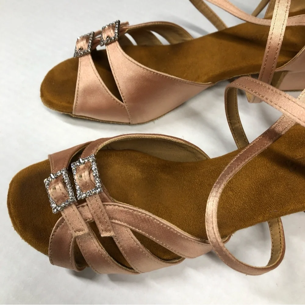 Dance Shoes 7.5 Nude Satin Sandals Rhinestone Buckles 1.5 inch heels Beige Danza - Picture 4 of 9